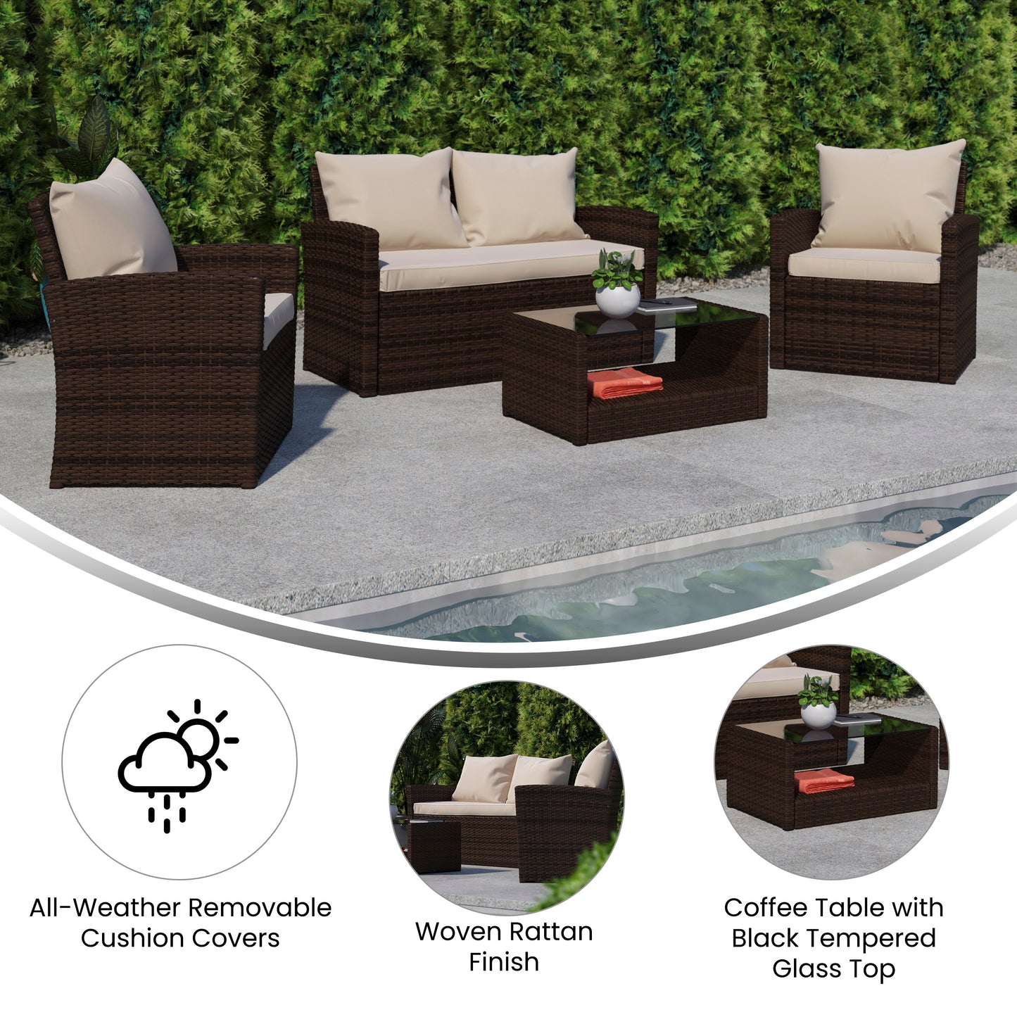 Aransas Series 4 Piece Brown Patio Set with Beige Back Pillows and Seat Cushions Beige Cushions/Brown Frame