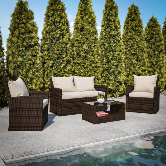 Aransas Series 4 Piece Brown Patio Set with Beige Back Pillows and Seat Cushions Beige Cushions/Brown Frame JJ-S351-BNBG-GG