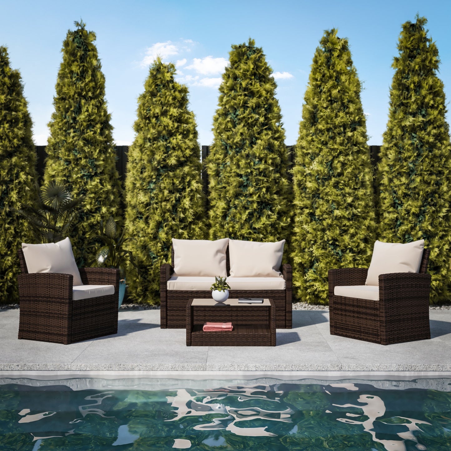 Aransas Series 4 Piece Brown Patio Set with Beige Back Pillows and Seat Cushions Beige Cushions/Brown Frame