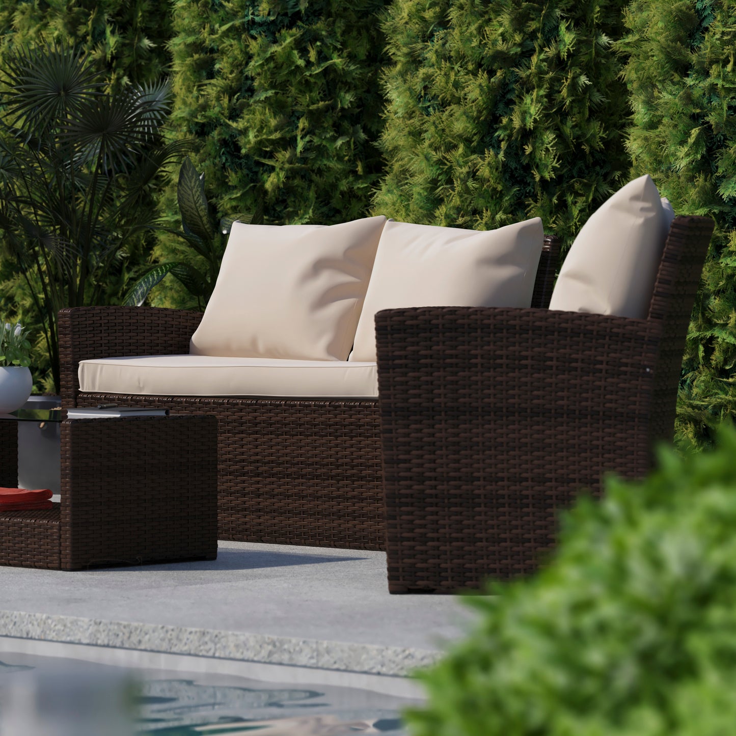 Aransas Series 4 Piece Brown Patio Set with Beige Back Pillows and Seat Cushions Beige Cushions/Brown Frame