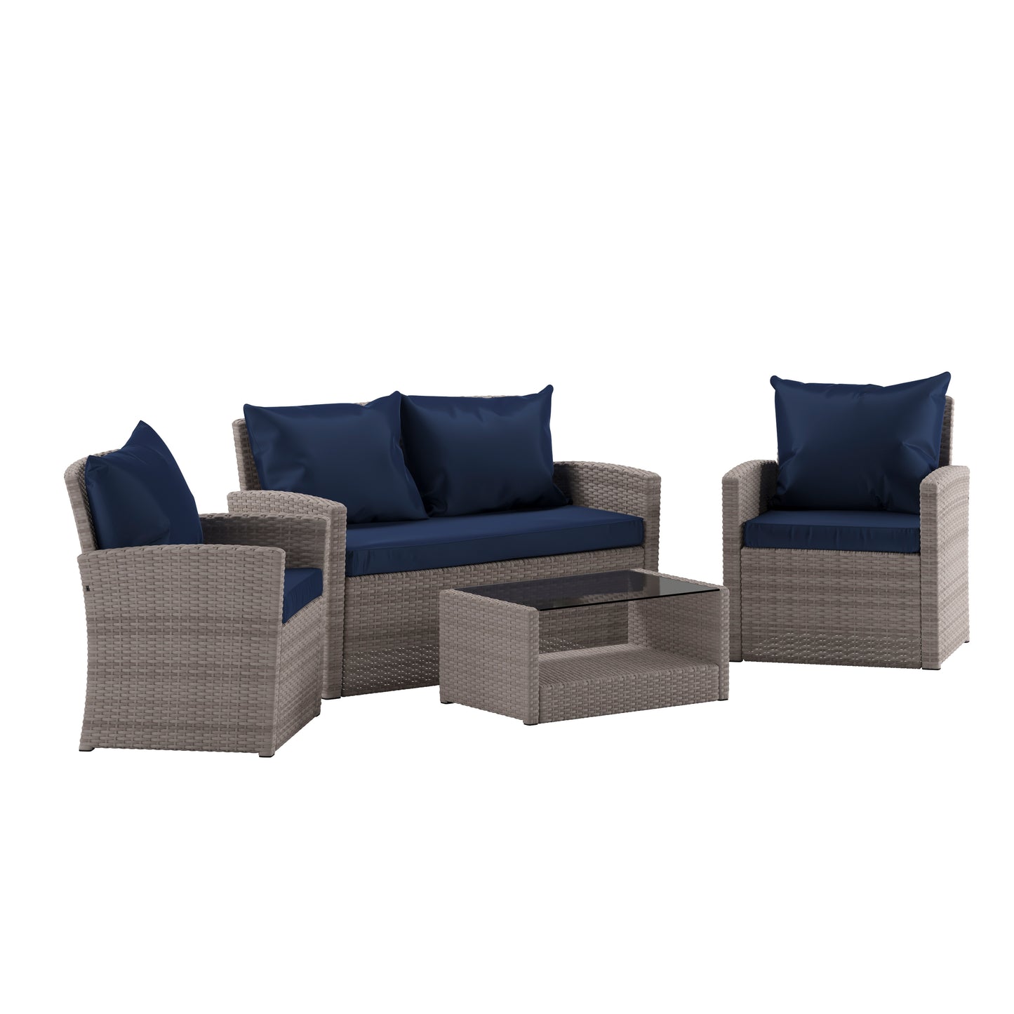 Aransas Series 4 Piece Light Gray Patio Set with Navy Back Pillows and Seat Cushions Navy Cushions/Light Gray Frame