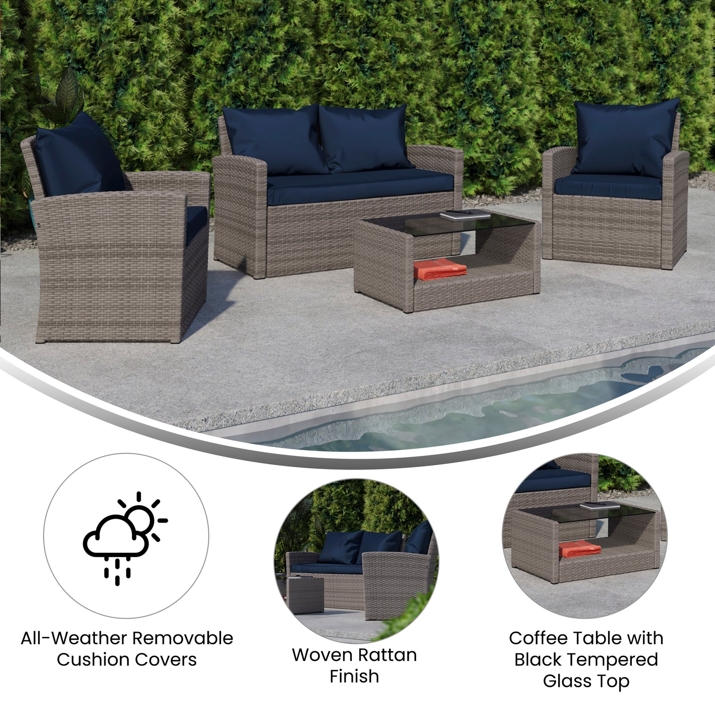 Aransas Series 4 Piece Light Gray Patio Set with Navy Back Pillows and Seat Cushions Navy Cushions/Light Gray Frame