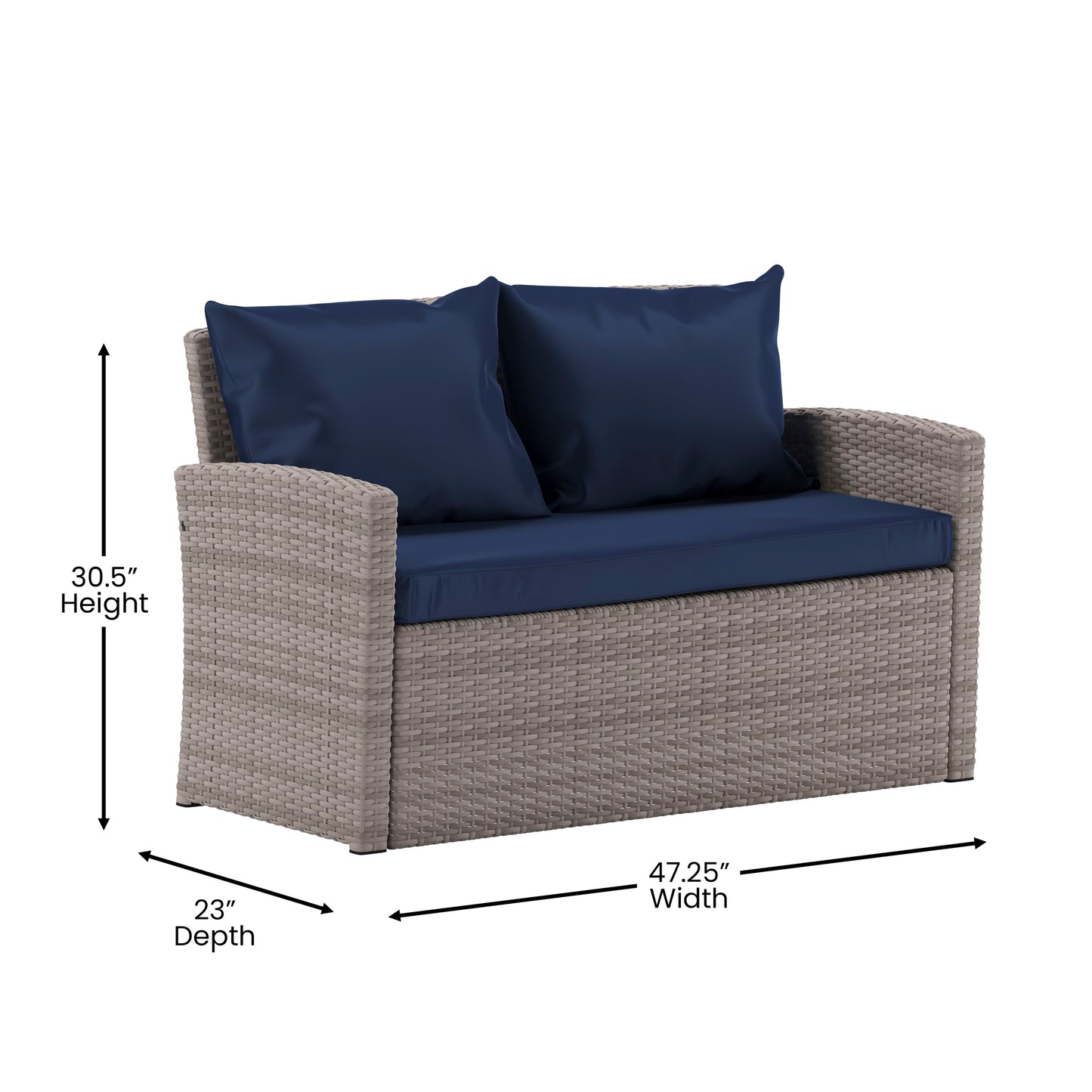 Aransas Series 4 Piece Light Gray Patio Set with Navy Back Pillows and Seat Cushions Navy Cushions/Light Gray Frame