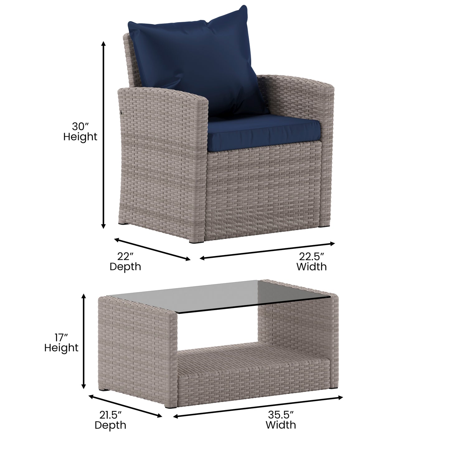 Aransas Series 4 Piece Light Gray Patio Set with Navy Back Pillows and Seat Cushions Navy Cushions/Light Gray Frame