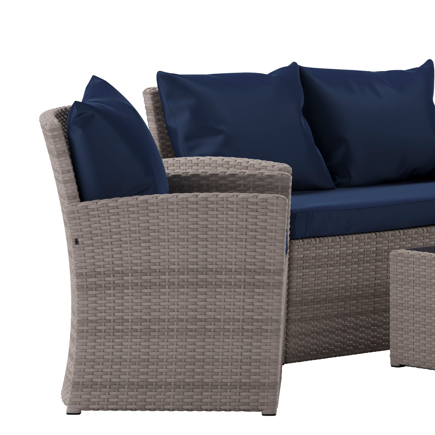 Aransas Series 4 Piece Light Gray Patio Set with Navy Back Pillows and Seat Cushions Navy Cushions/Light Gray Frame