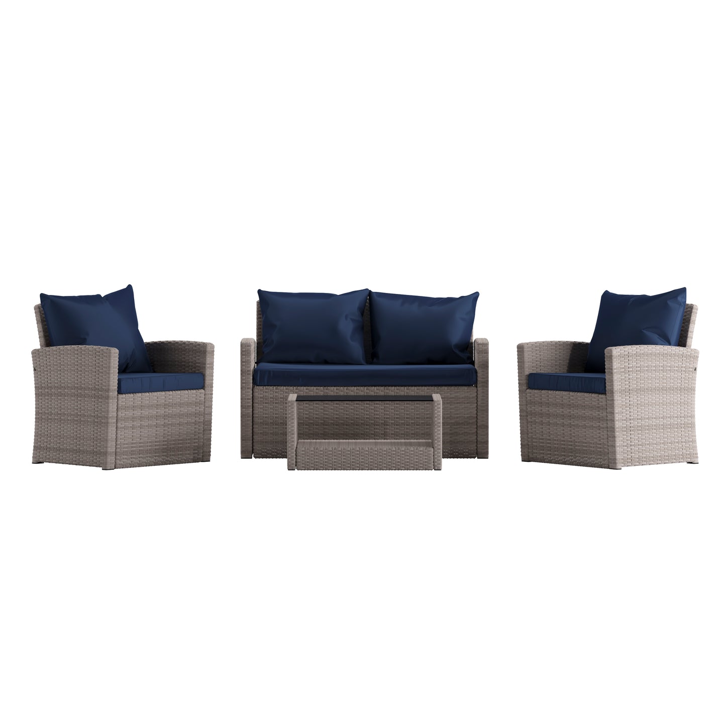 Aransas Series 4 Piece Light Gray Patio Set with Navy Back Pillows and Seat Cushions Navy Cushions/Light Gray Frame