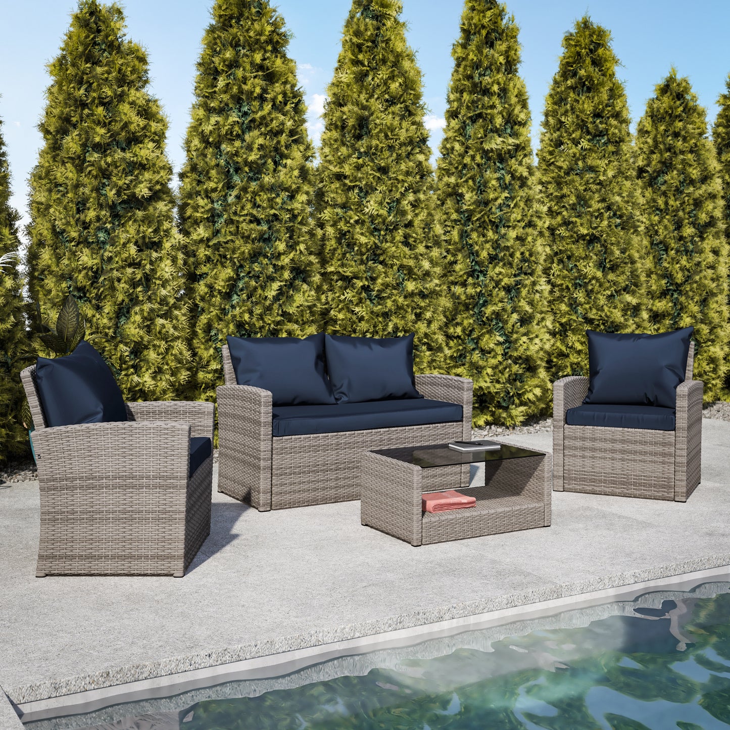 Aransas Series 4 Piece Light Gray Patio Set with Navy Back Pillows and Seat Cushions Navy Cushions/Light Gray Frame