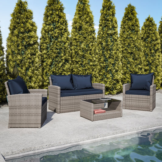 Aransas Series 4 Piece Light Gray Patio Set with Navy Back Pillows and Seat Cushions Navy Cushions/Light Gray Frame JJ-S351-GYNV-GG
