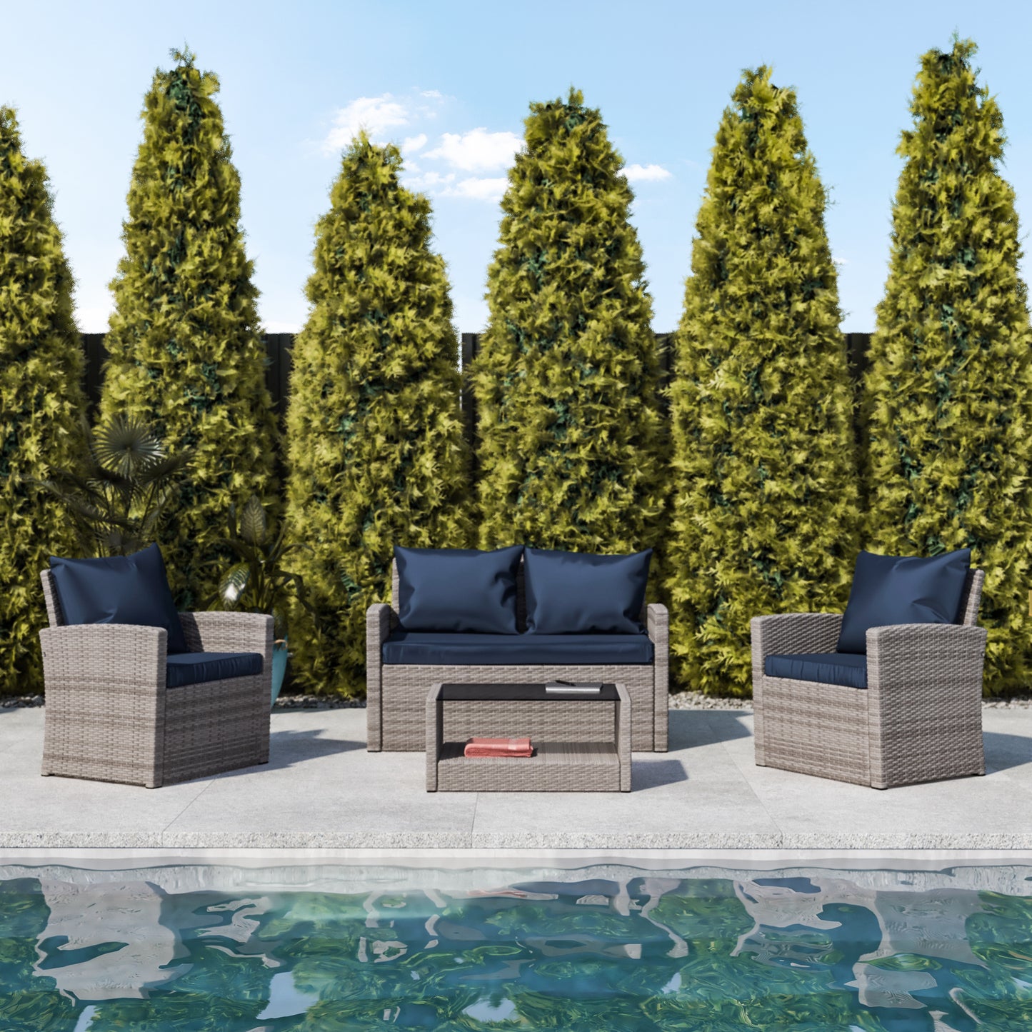 Aransas Series 4 Piece Light Gray Patio Set with Navy Back Pillows and Seat Cushions Navy Cushions/Light Gray Frame