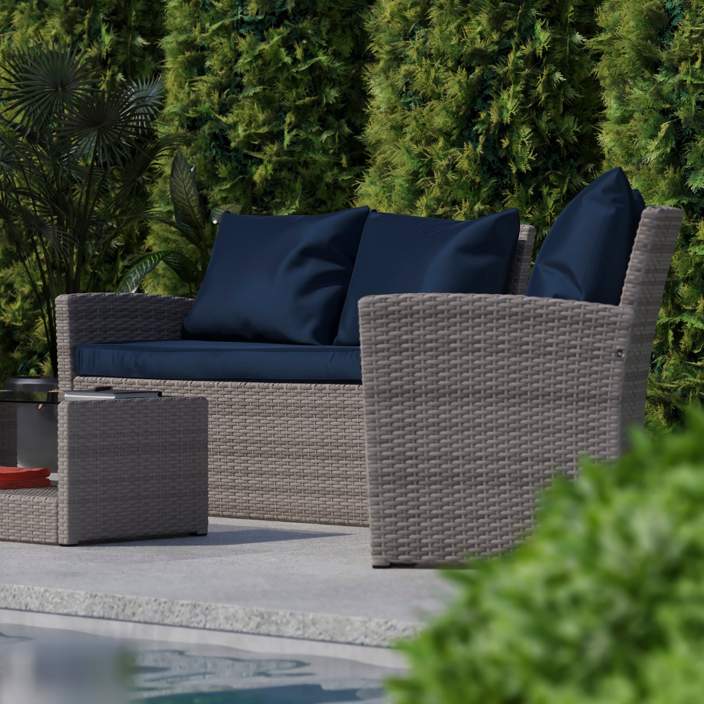 Aransas Series 4 Piece Light Gray Patio Set with Navy Back Pillows and Seat Cushions Navy Cushions/Light Gray Frame