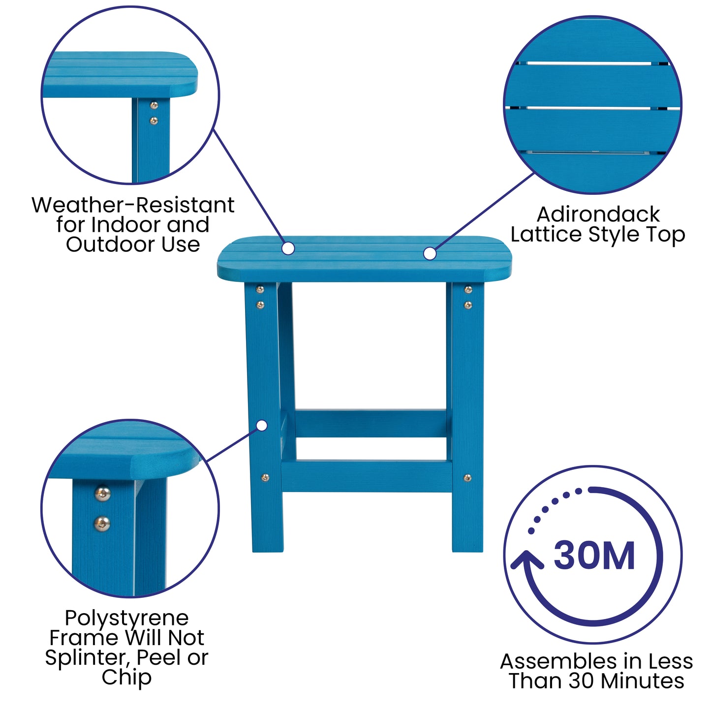 Charlestown All-Weather Poly Resin Wood Commercial Grade Adirondack Side Table in Blue Blue