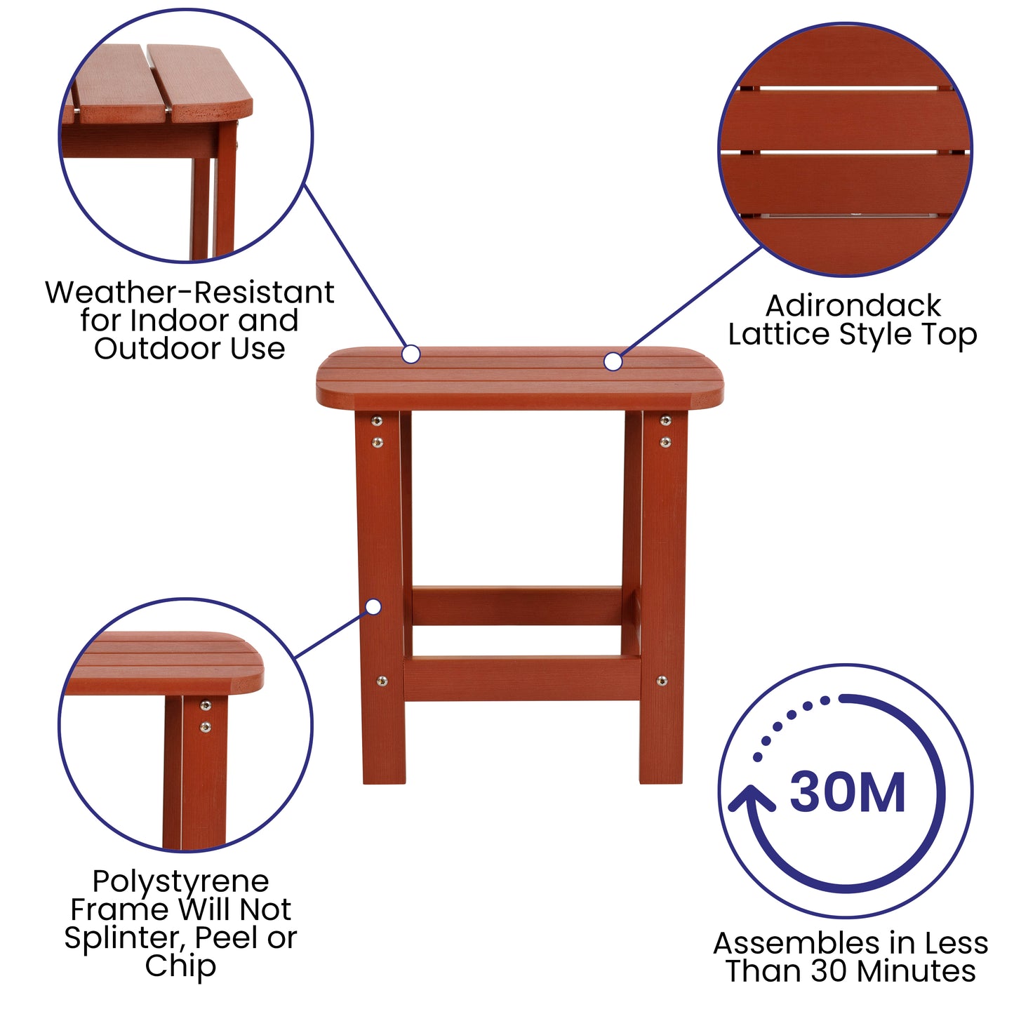 Charlestown All-Weather Poly Resin Wood Commercial Grade Adirondack Side Table in Red Red