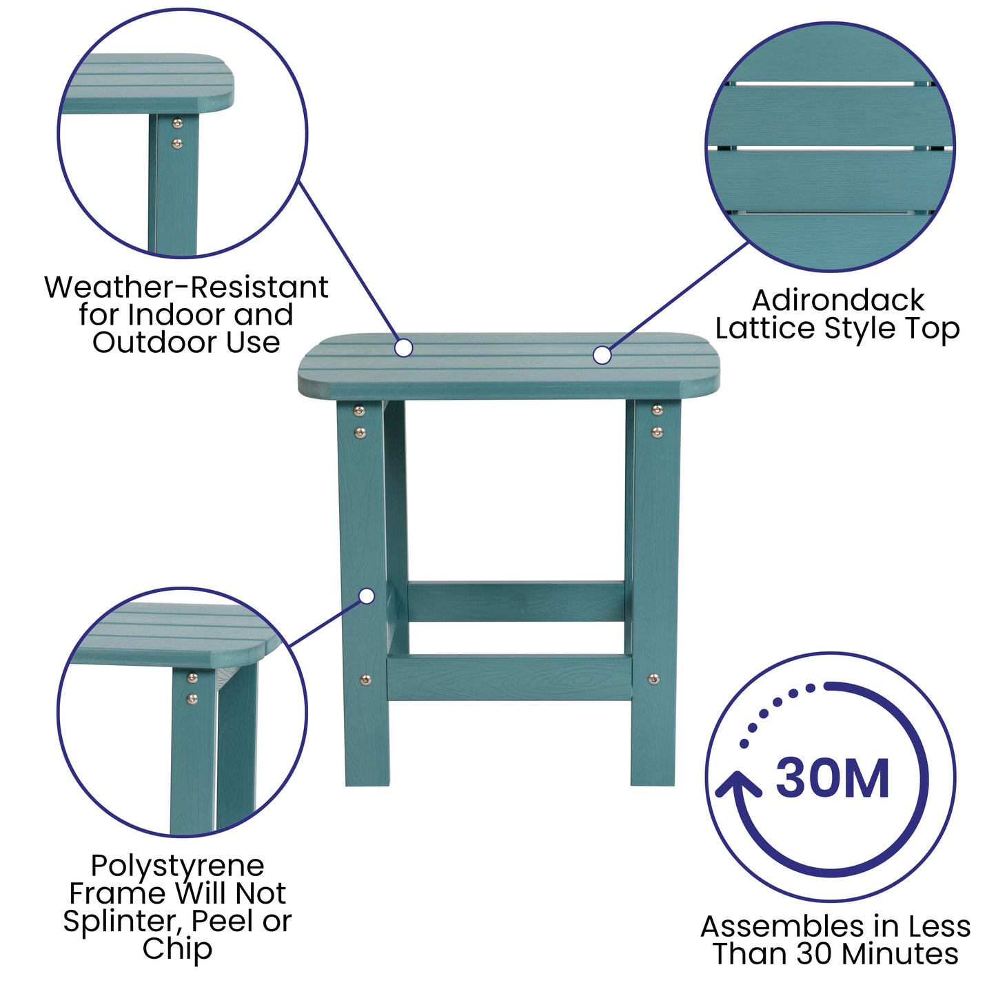 Charlestown All-Weather Poly Resin Wood Commercial Grade Adirondack Side Table in Teal Teal