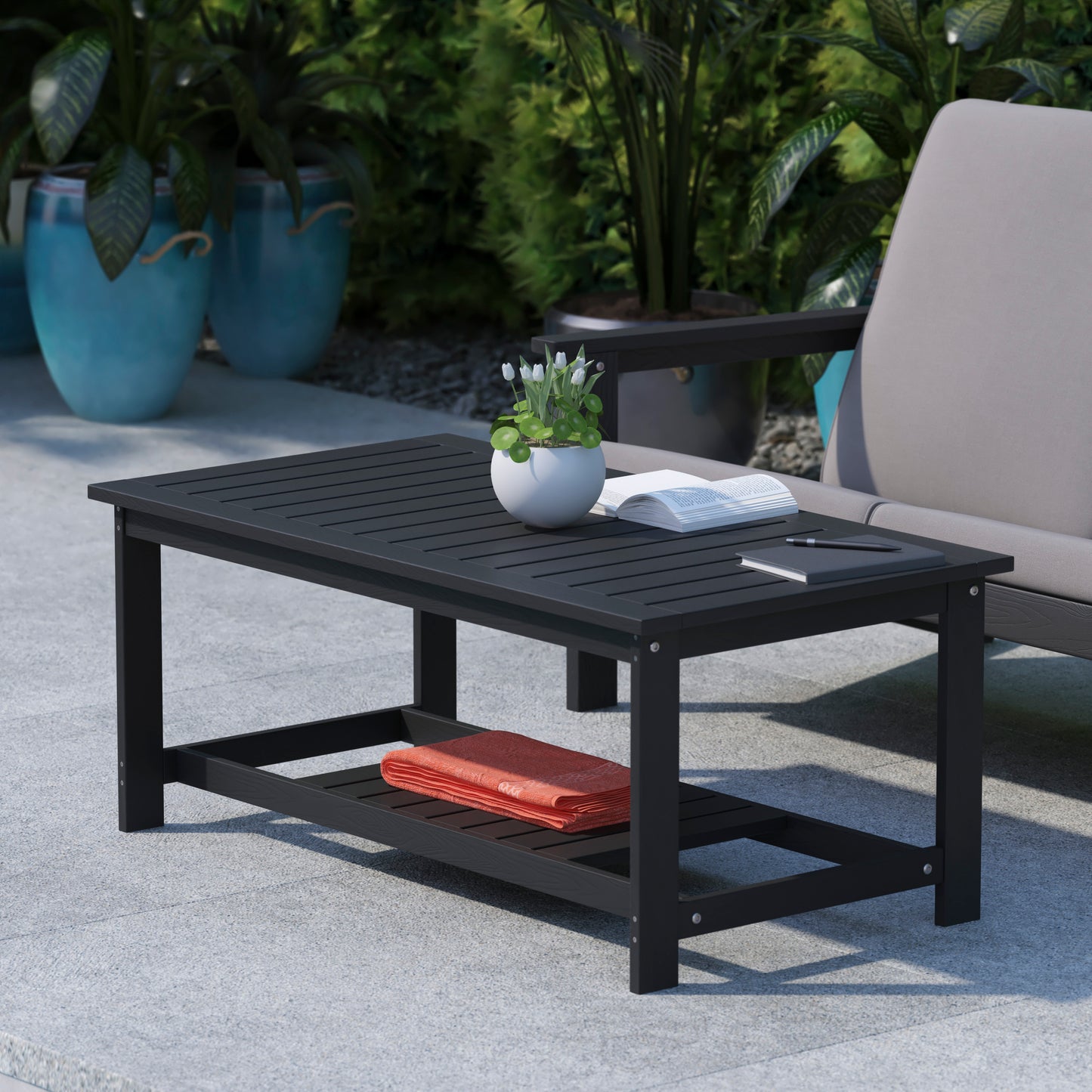 Charlestown All-Weather Poly Resin Wood Two Tiered Commercial Grade Adirondack Slatted Coffee Conversation Table in Black Black