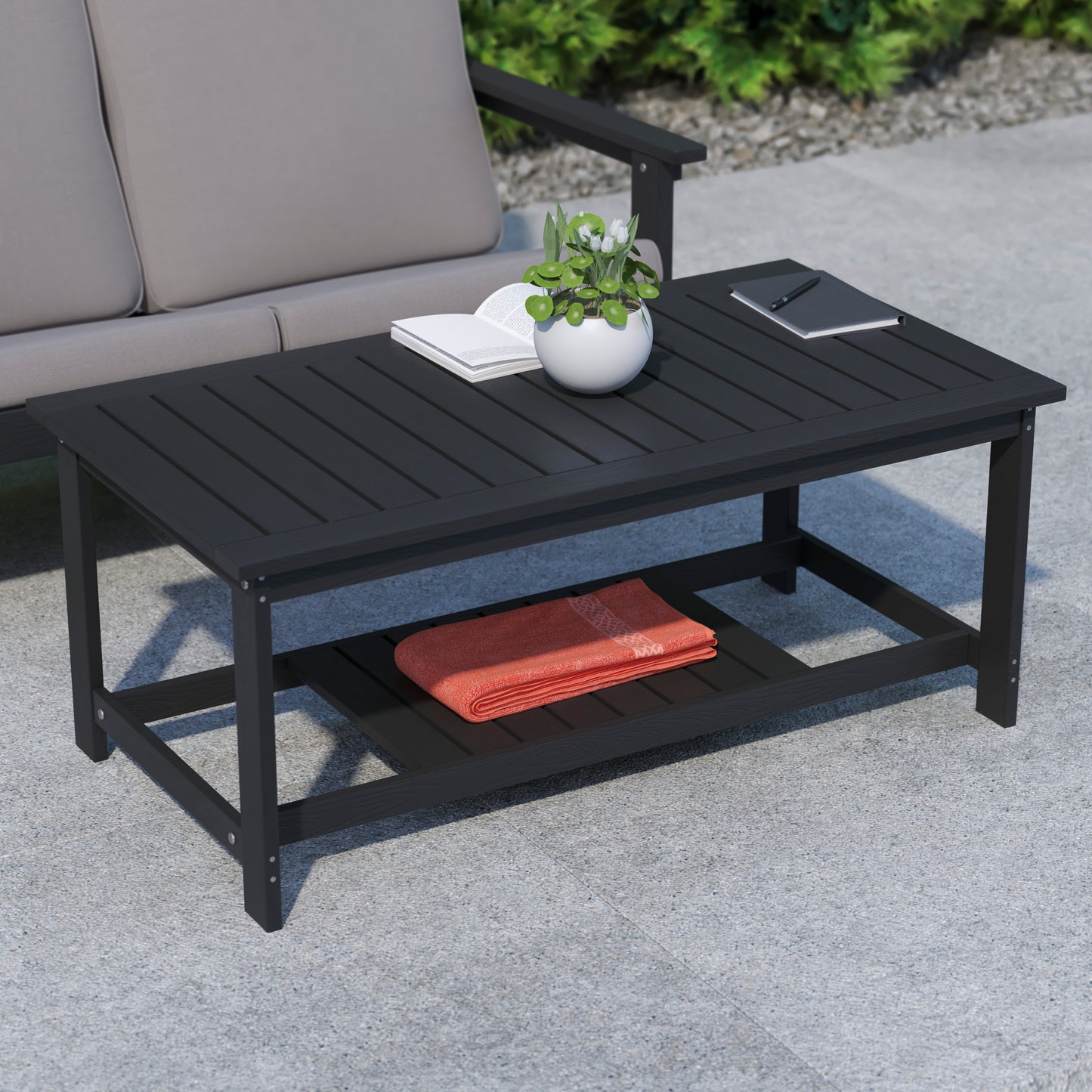 Charlestown All-Weather Poly Resin Wood Two Tiered Commercial Grade Adirondack Slatted Coffee Conversation Table in Black Black