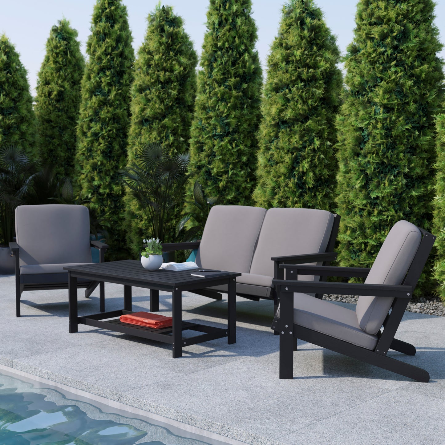 Charlestown All-Weather Poly Resin Wood Two Tiered Commercial Grade Adirondack Slatted Coffee Conversation Table in Black Black