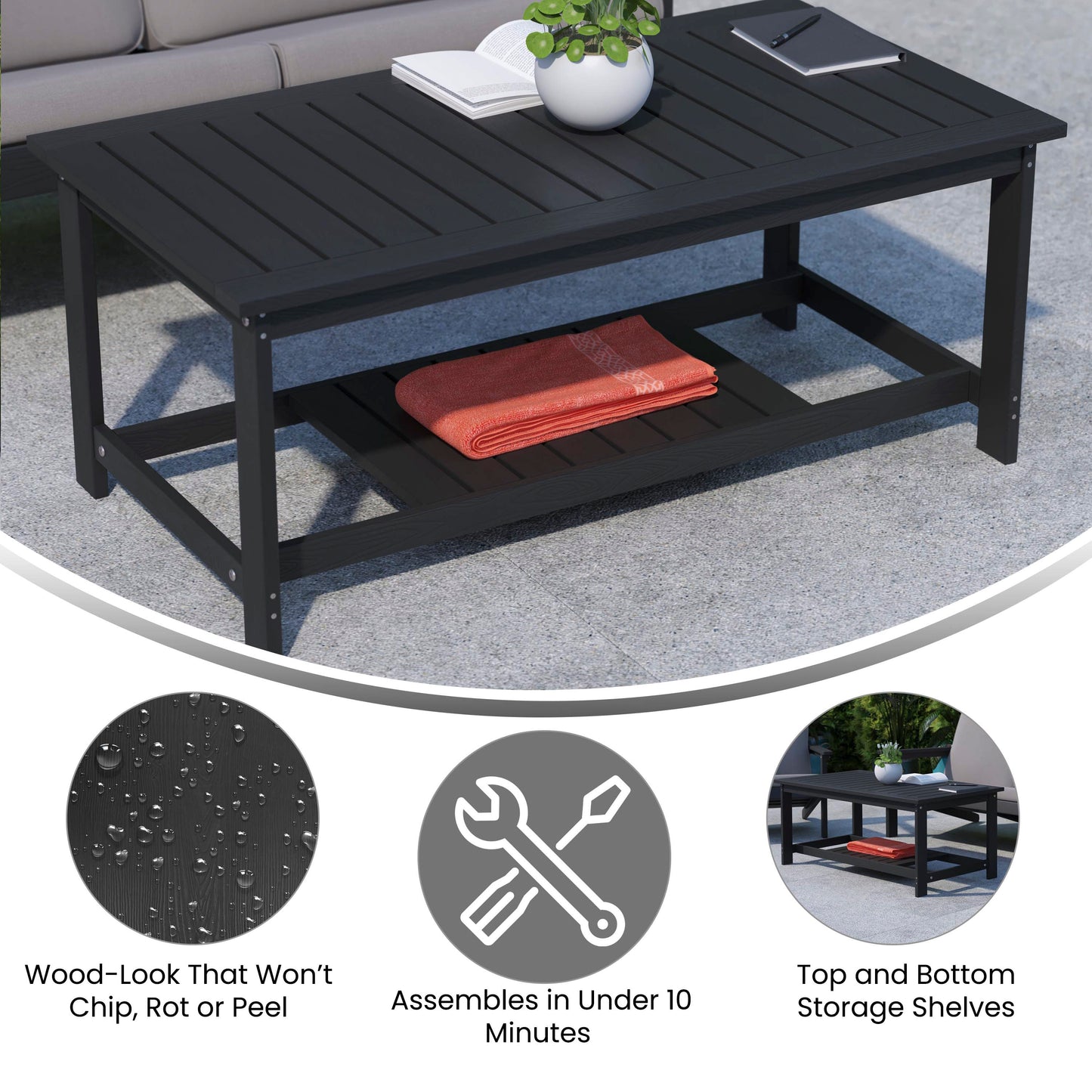 Charlestown All-Weather Poly Resin Wood Two Tiered Commercial Grade Adirondack Slatted Coffee Conversation Table in Black Black