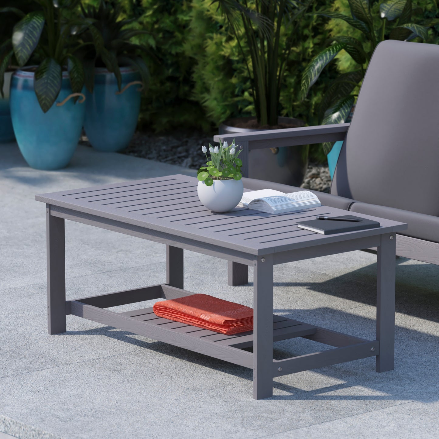 Charlestown All-Weather Poly Resin Wood Two Tiered Commercial Grade Adirondack Slatted Coffee Conversation Table in Gray Gray