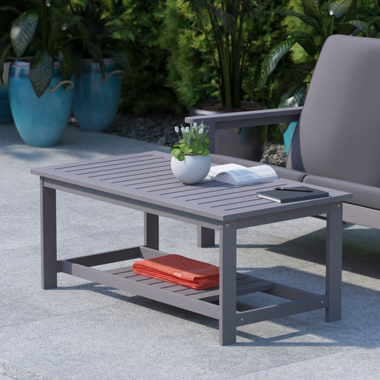 Charlestown All-Weather Poly Resin Wood Two Tiered Commercial Grade Adirondack Slatted Coffee Conversation Table in Gray Gray