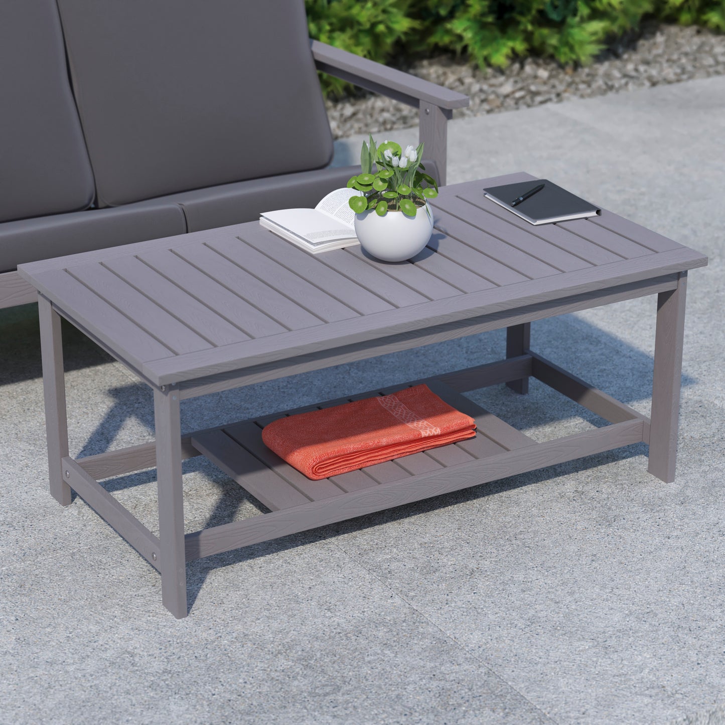 Charlestown All-Weather Poly Resin Wood Two Tiered Commercial Grade Adirondack Slatted Coffee Conversation Table in Gray Gray