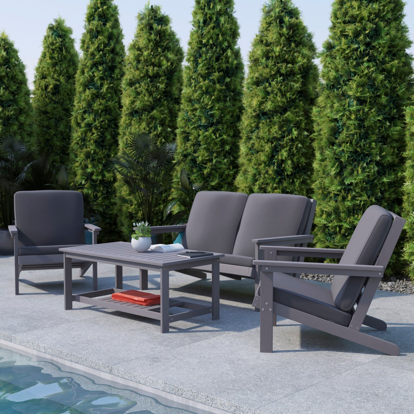 Charlestown All-Weather Poly Resin Wood Two Tiered Commercial Grade Adirondack Slatted Coffee Conversation Table in Gray Gray