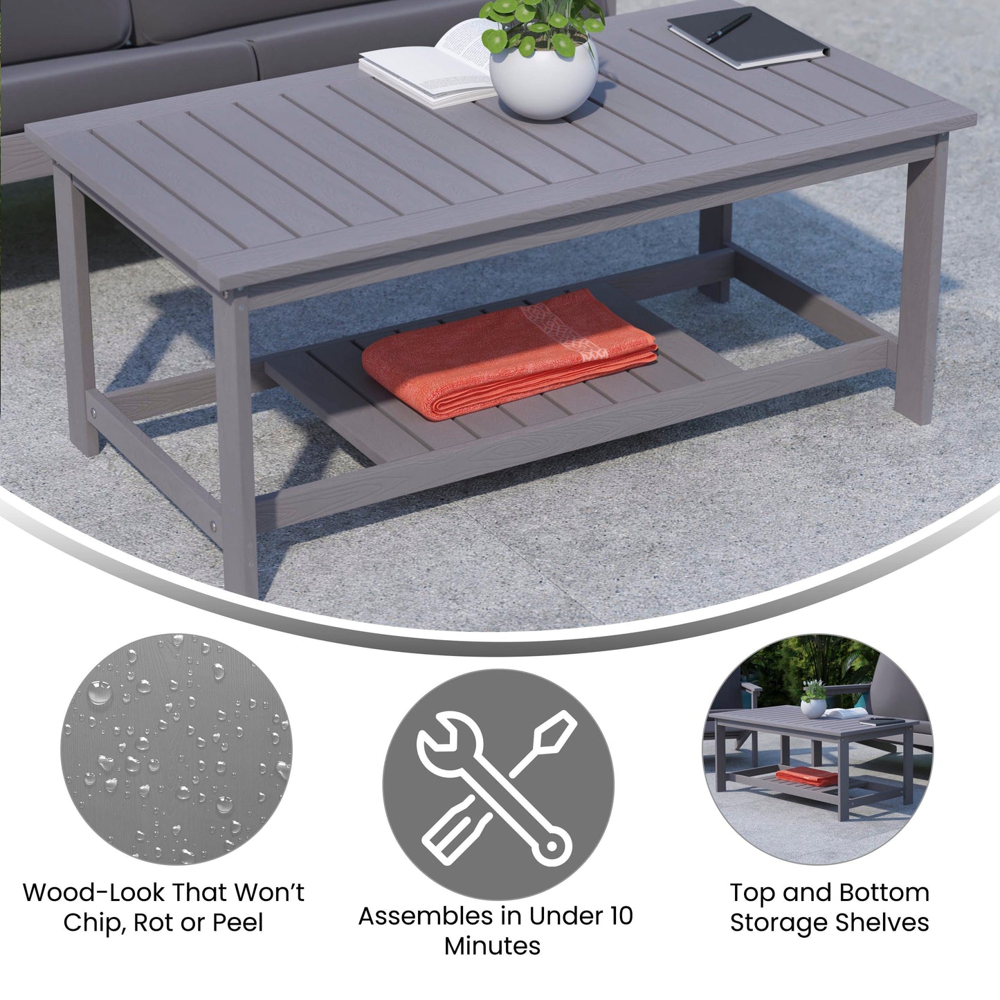 Charlestown All-Weather Poly Resin Wood Two Tiered Commercial Grade Adirondack Slatted Coffee Conversation Table in Gray Gray