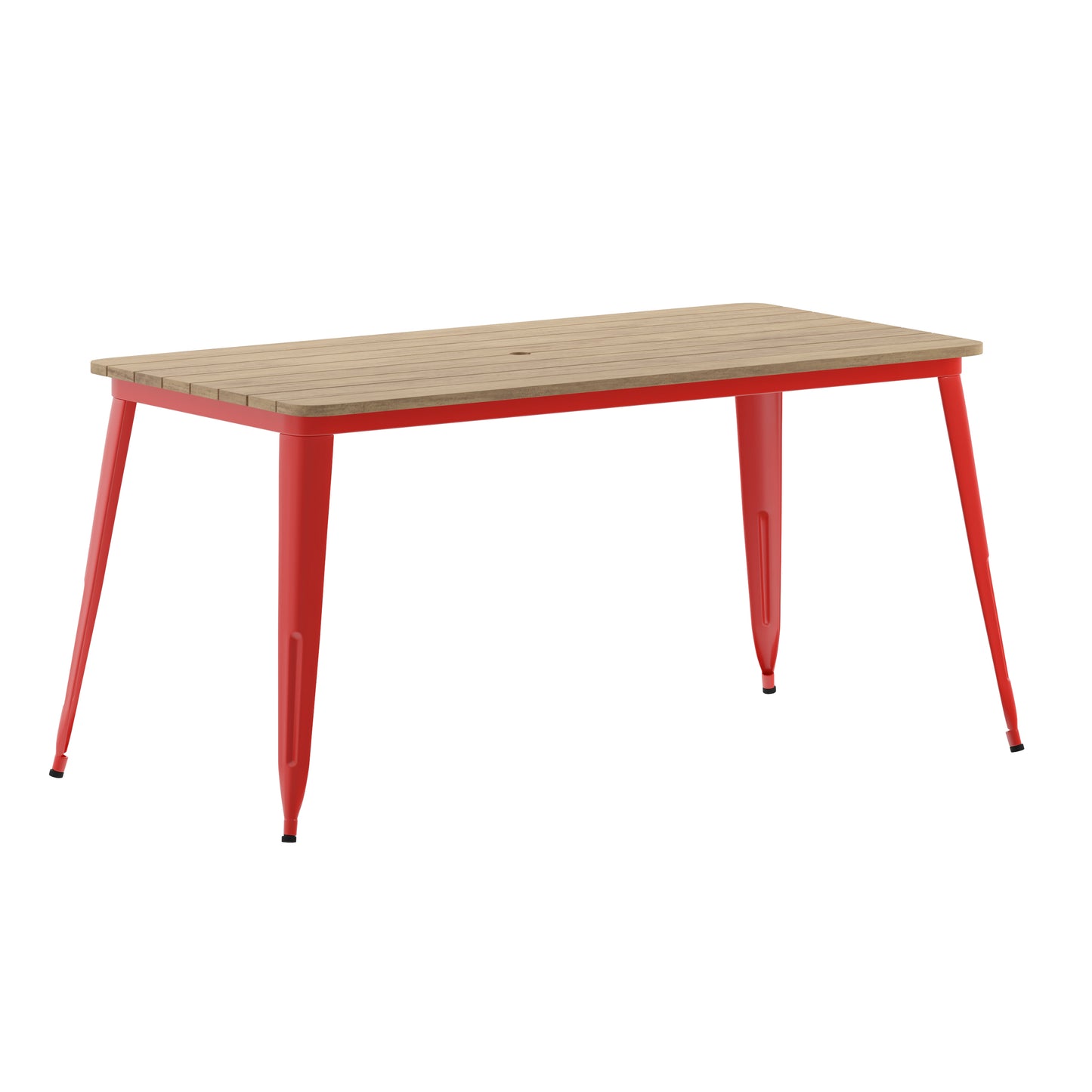 Declan Commercial Indoor/Outdoor Dining Table with Umbrella Hole, 30" x 60" All Weather Brown Poly Resin Top and Red Steel Base Brown Top/Red Frame