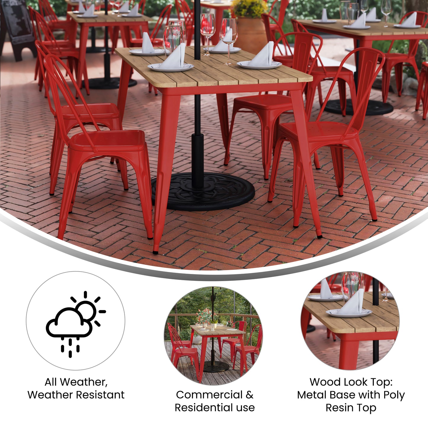 Declan Commercial Indoor/Outdoor Dining Table with Umbrella Hole, 30" x 60" All Weather Brown Poly Resin Top and Red Steel Base Brown Top/Red Frame