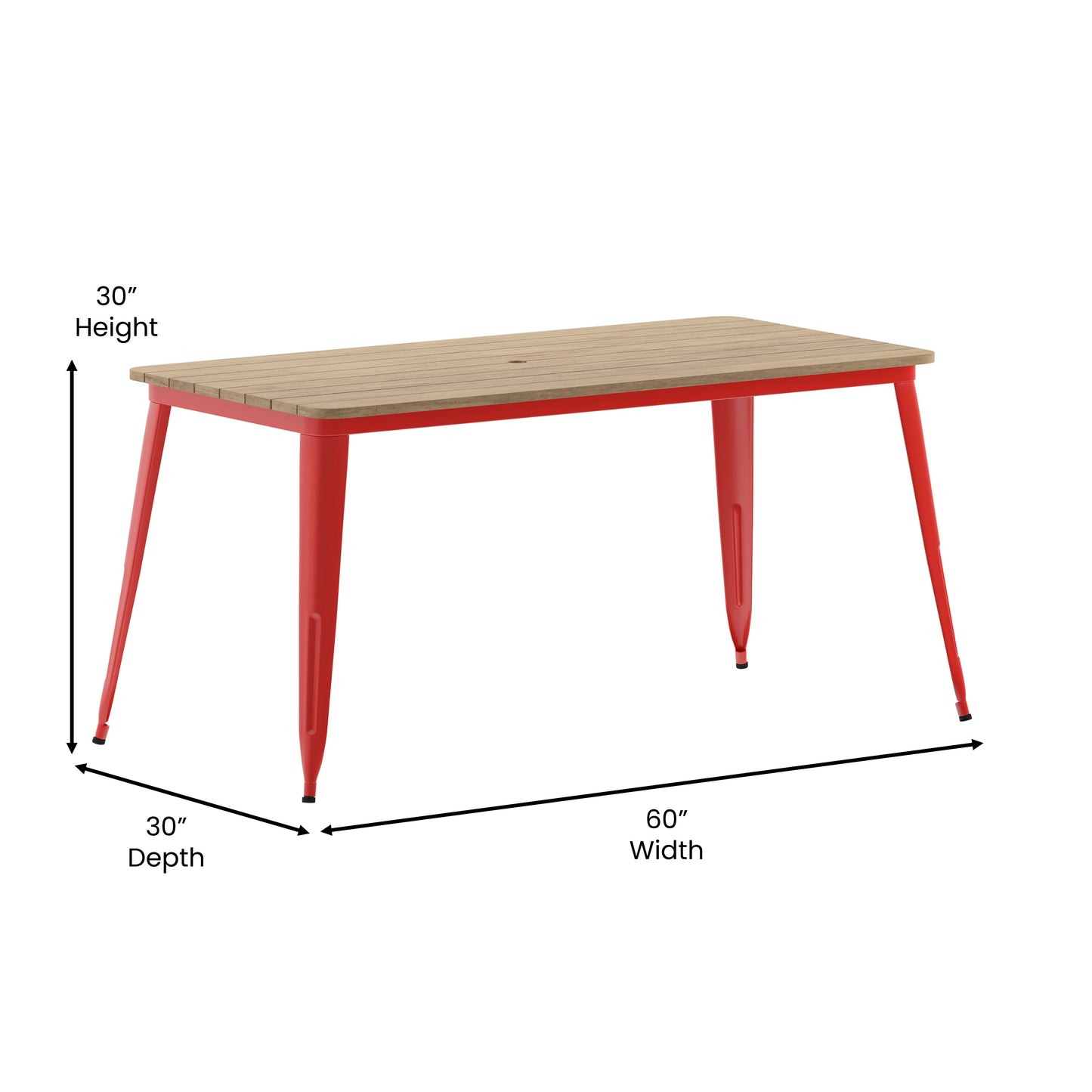 Declan Commercial Indoor/Outdoor Dining Table with Umbrella Hole, 30" x 60" All Weather Brown Poly Resin Top and Red Steel Base Brown Top/Red Frame