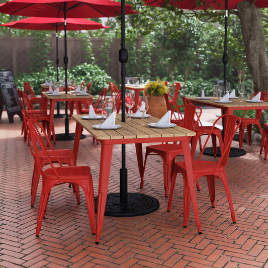 Declan Commercial Indoor/Outdoor Dining Table with Umbrella Hole, 30" x 60" All Weather Brown Poly Resin Top and Red Steel Base Brown Top/Red Frame JJ-T146120-BRRD-GG