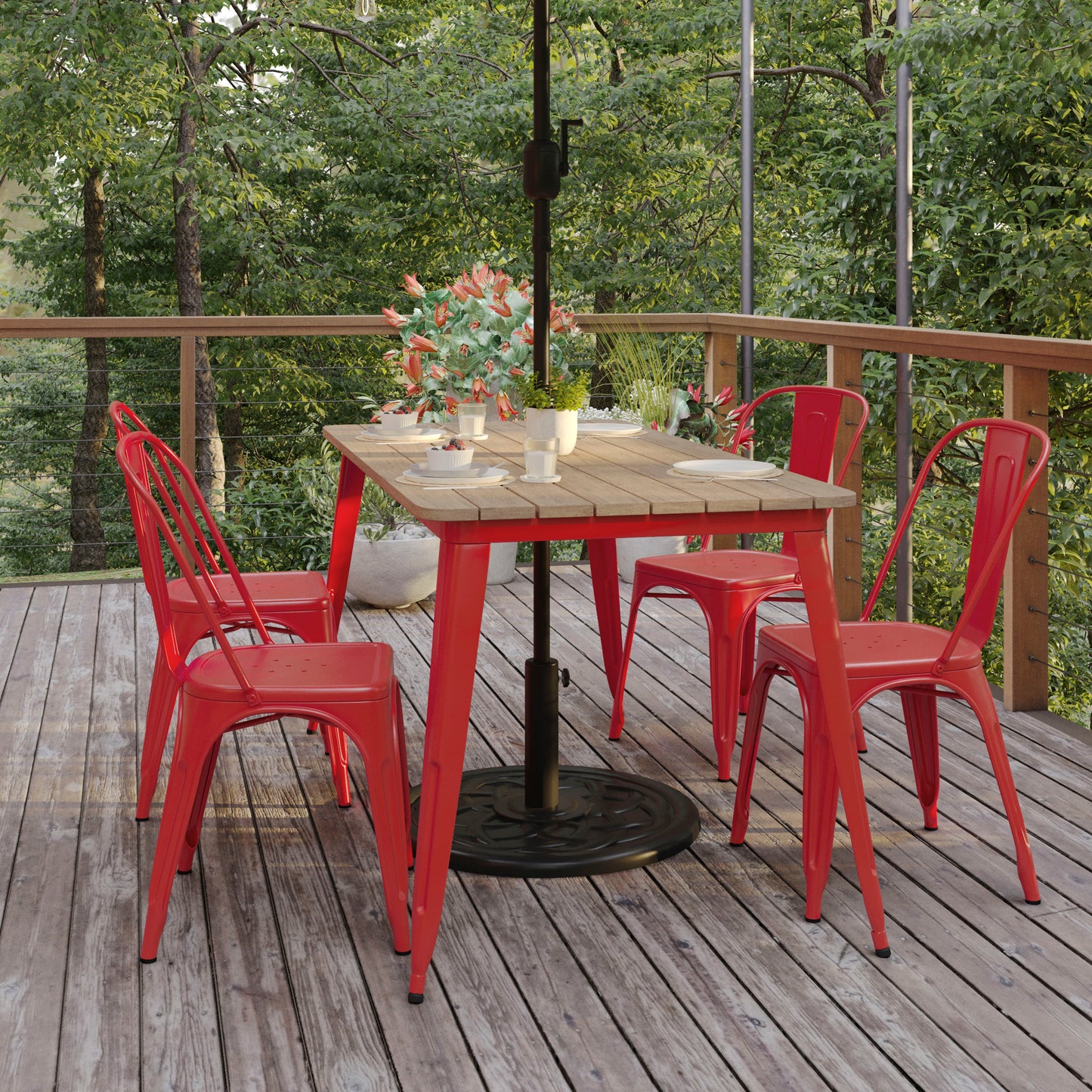 Declan Commercial Indoor/Outdoor Dining Table with Umbrella Hole, 30" x 60" All Weather Brown Poly Resin Top and Red Steel Base Brown Top/Red Frame