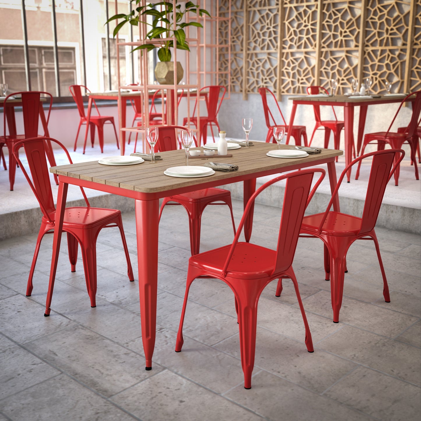 Declan Commercial Indoor/Outdoor Dining Table with Umbrella Hole, 30" x 60" All Weather Brown Poly Resin Top and Red Steel Base Brown Top/Red Frame