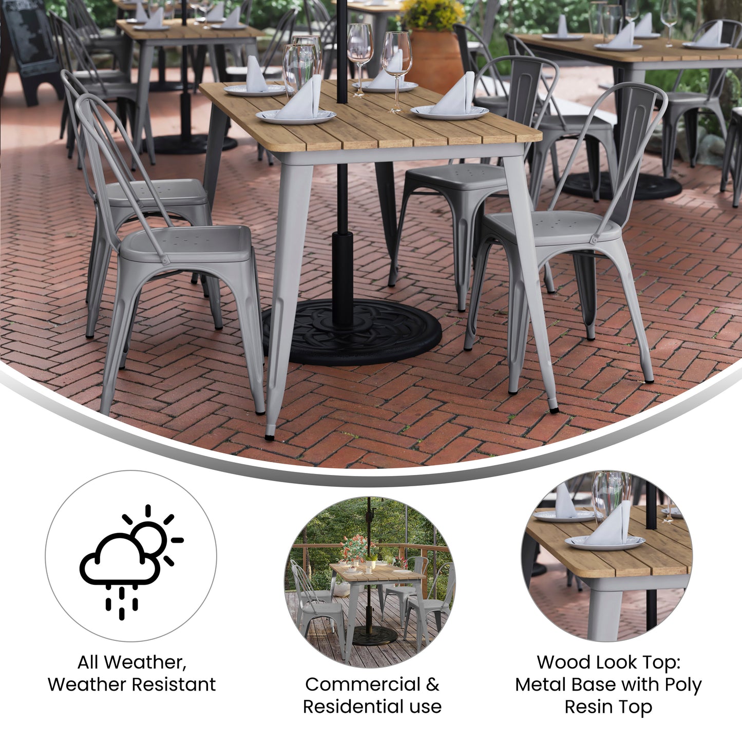 Declan Commercial Indoor/Outdoor Dining Table with Umbrella Hole, 30" x 60" All Weather Brown Poly Resin Top and Silver Steel Base Brown Top/Silver Frame JJ-T146120-BRSL-GG