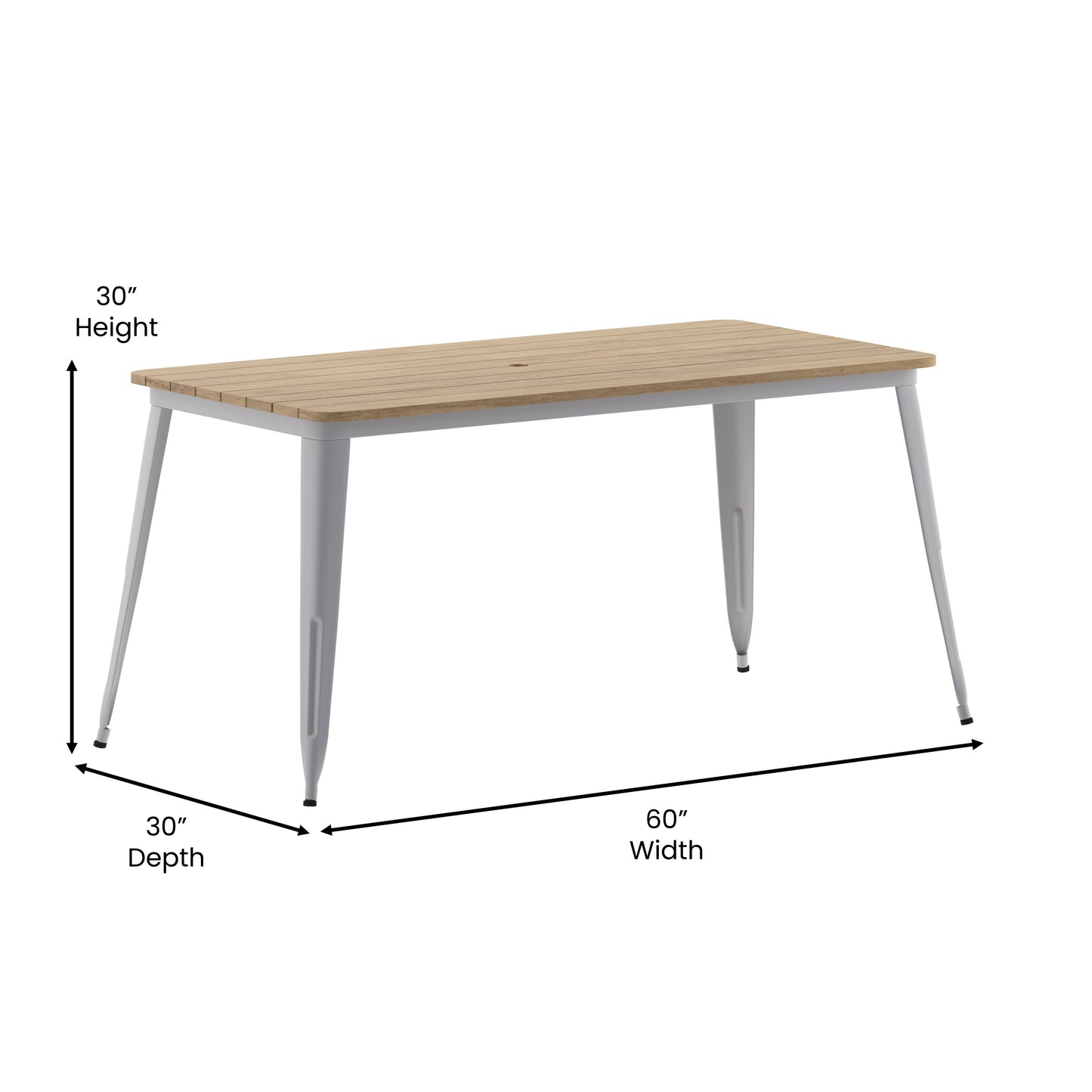 Declan Commercial Indoor/Outdoor Dining Table with Umbrella Hole, 30" x 60" All Weather Brown Poly Resin Top and Silver Steel Base Brown Top/Silver Frame JJ-T146120-BRSL-GG