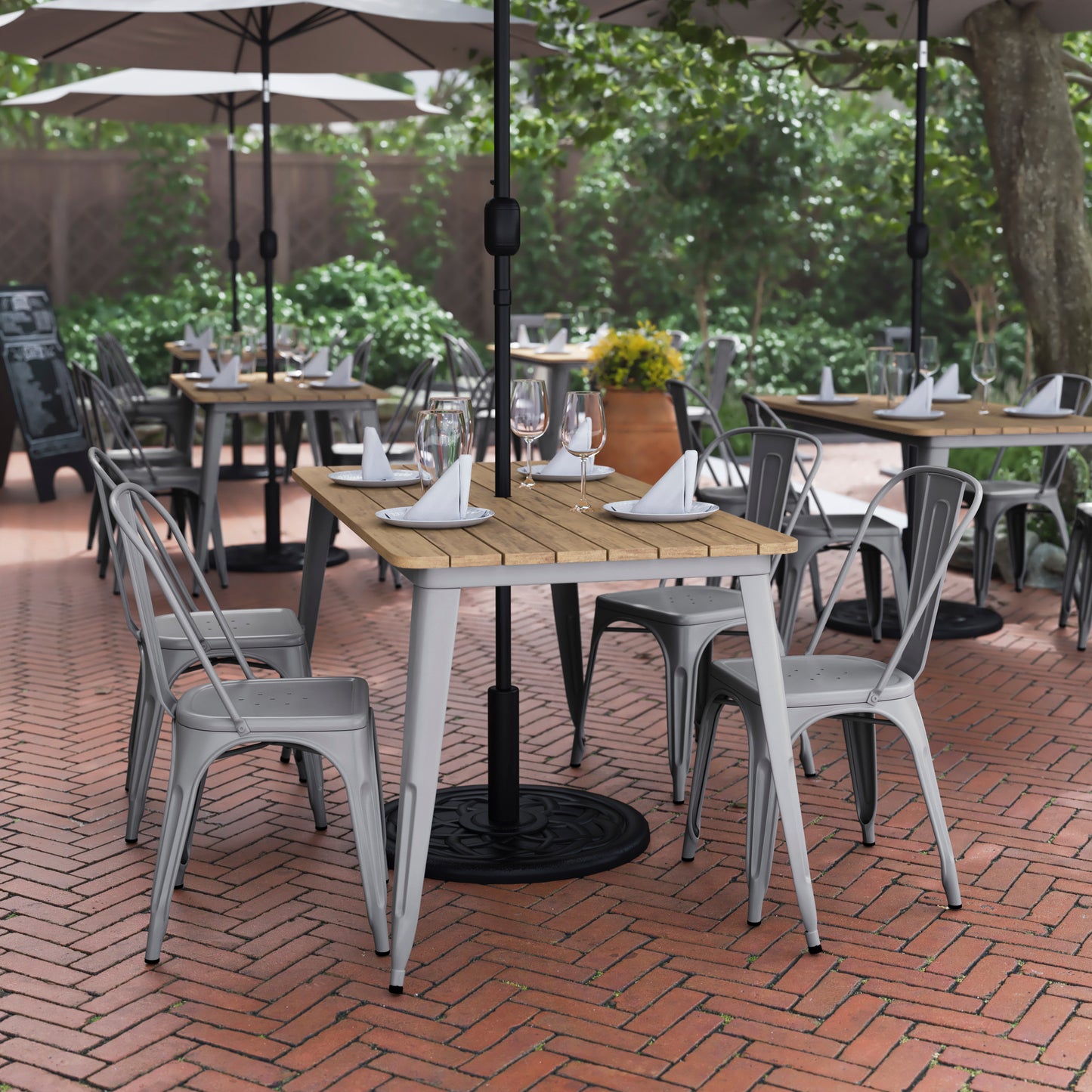 Declan Commercial Indoor/Outdoor Dining Table with Umbrella Hole, 30" x 60" All Weather Brown Poly Resin Top and Silver Steel Base Brown Top/Silver Frame JJ-T146120-BRSL-GG