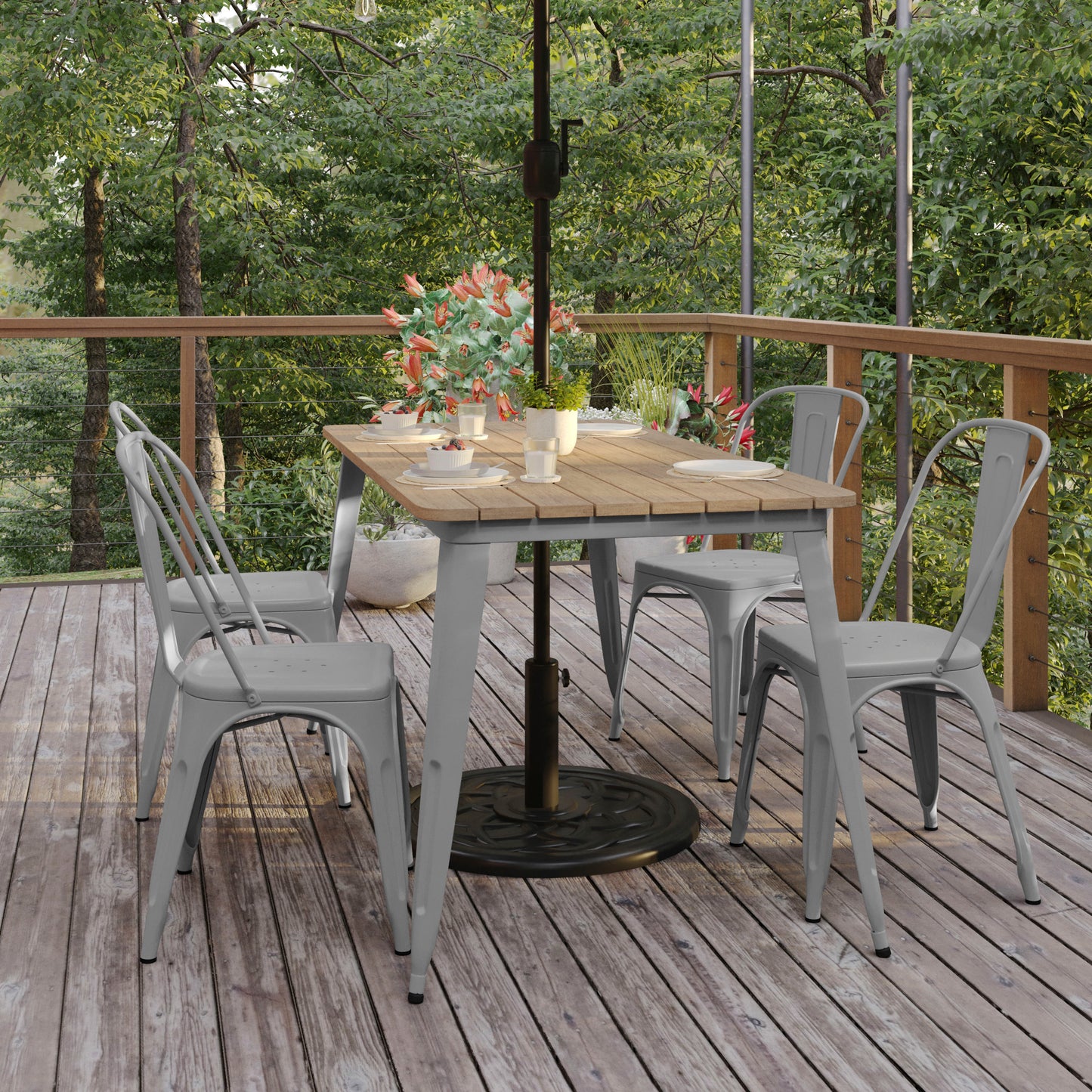 Declan Commercial Indoor/Outdoor Dining Table with Umbrella Hole, 30" x 60" All Weather Brown Poly Resin Top and Silver Steel Base Brown Top/Silver Frame JJ-T146120-BRSL-GG