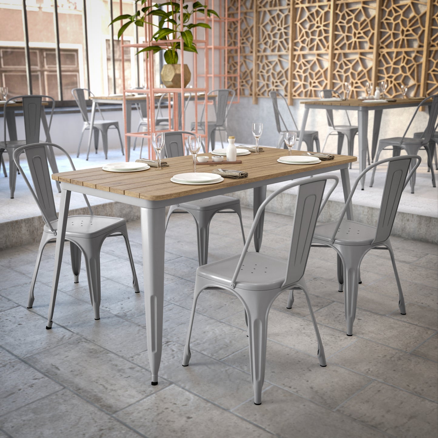 Declan Commercial Indoor/Outdoor Dining Table with Umbrella Hole, 30" x 60" All Weather Brown Poly Resin Top and Silver Steel Base Brown Top/Silver Frame JJ-T146120-BRSL-GG