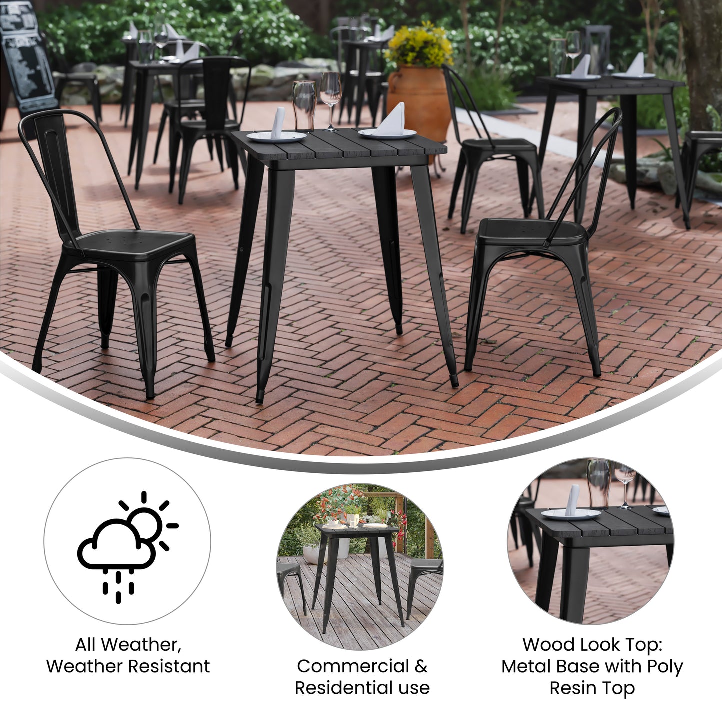 Declan Commercial Grade Indoor/Outdoor Dining Table, 23.75" Square All Weather Black Poly Resin Top with Black Steel Base Black Top/Black Frame