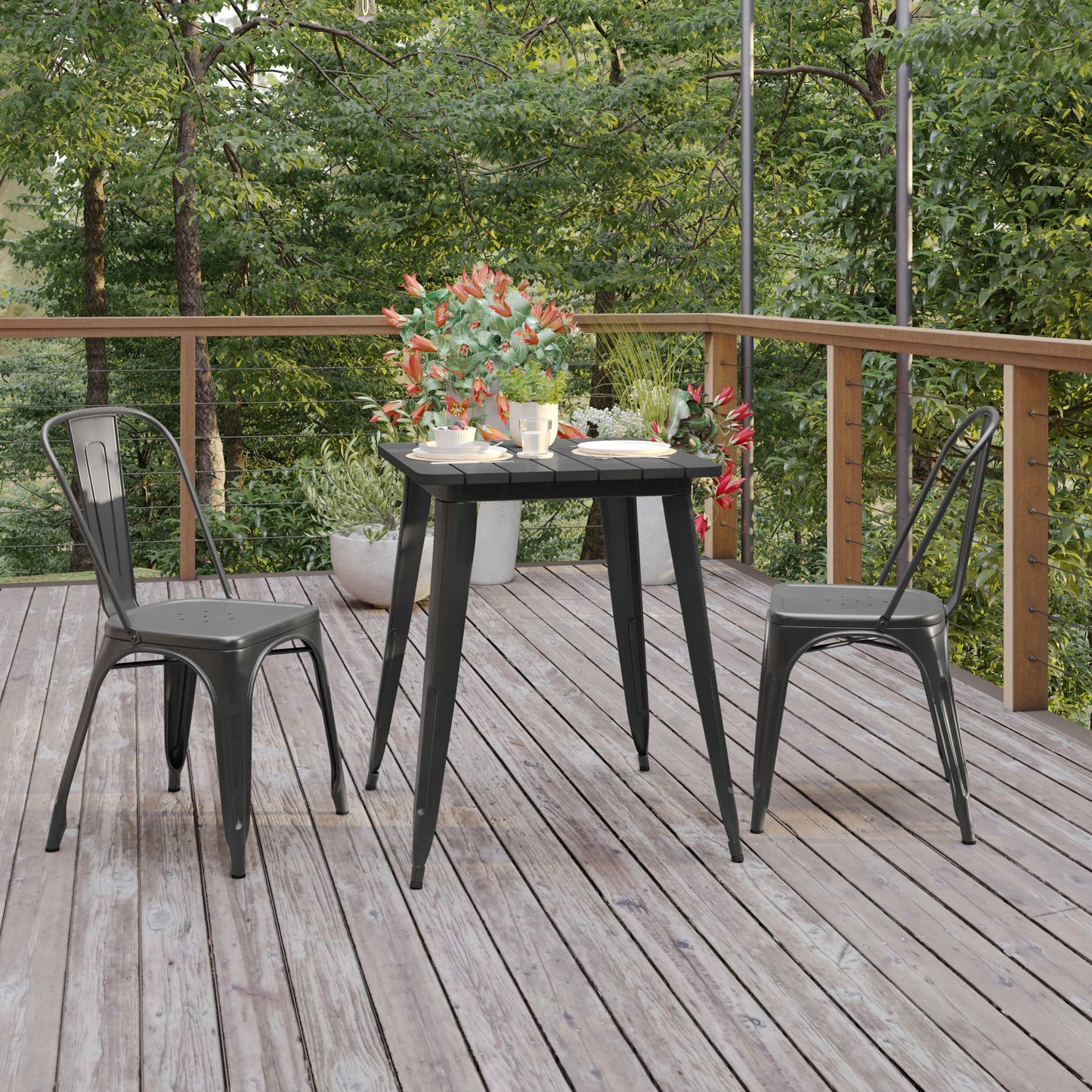 Declan Commercial Grade Indoor/Outdoor Dining Table, 23.75" Square All Weather Black Poly Resin Top with Black Steel Base Black Top/Black Frame