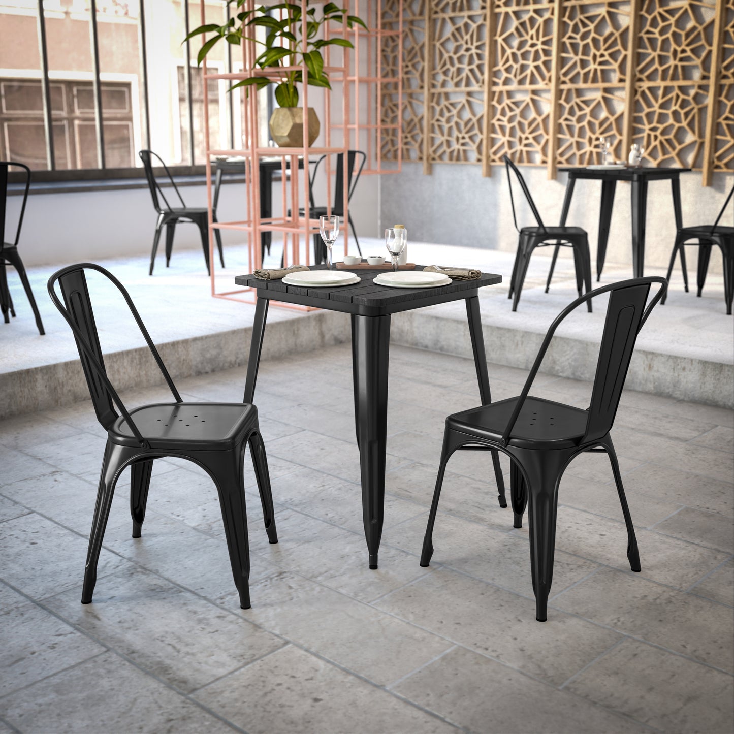 Declan Commercial Grade Indoor/Outdoor Dining Table, 23.75" Square All Weather Black Poly Resin Top with Black Steel Base Black Top/Black Frame