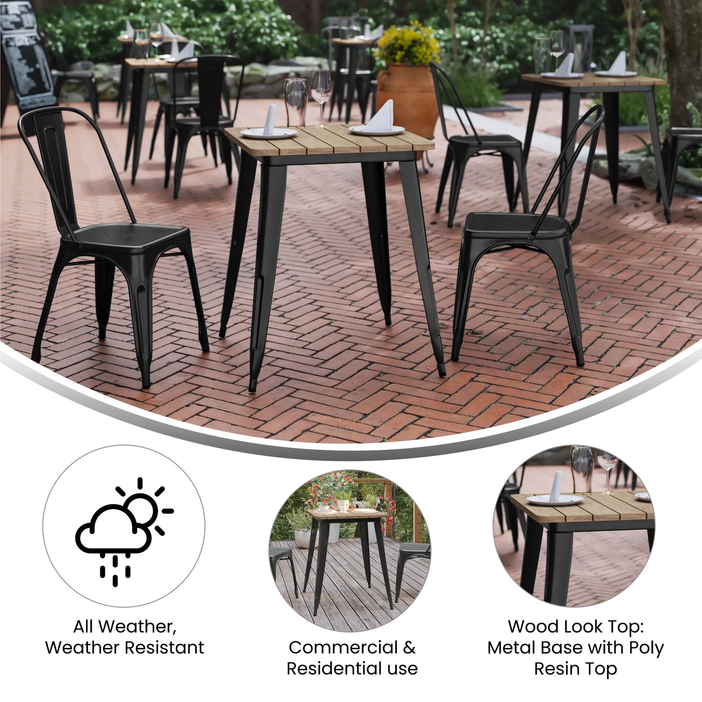 Declan Commercial Grade Indoor/Outdoor Dining Table, 23.75" Square All Weather Brown Poly Resin Top with Black Steel Base Brown Top/Black Frame