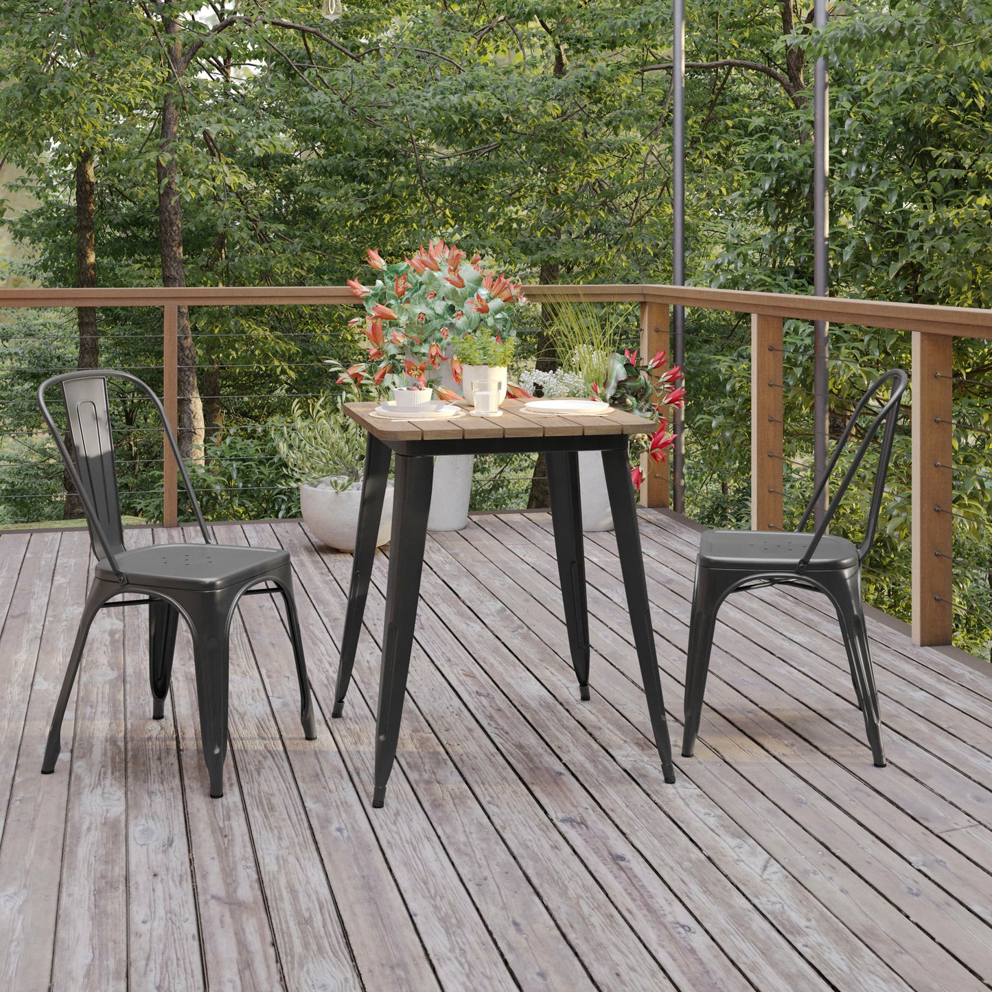 Declan Commercial Grade Indoor/Outdoor Dining Table, 23.75" Square All Weather Brown Poly Resin Top with Black Steel Base Brown Top/Black Frame