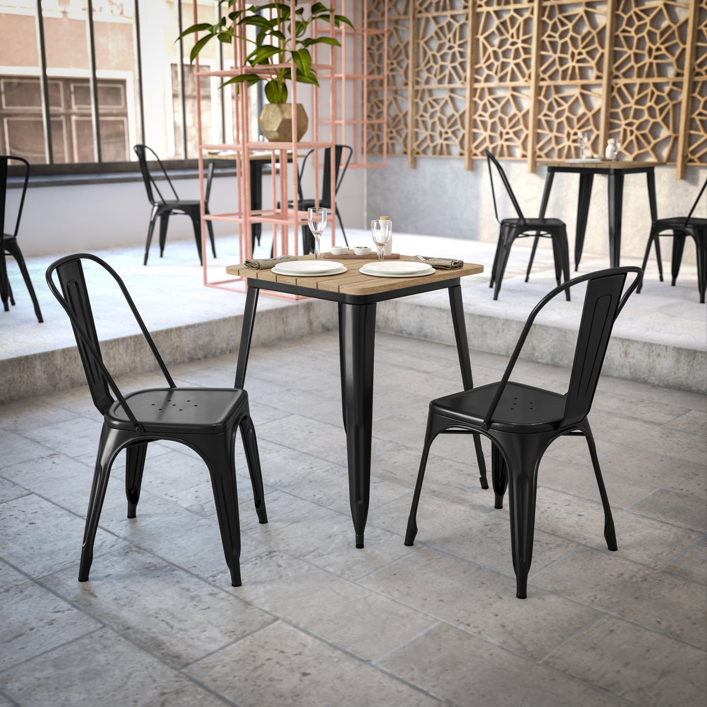 Declan Commercial Grade Indoor/Outdoor Dining Table, 23.75" Square All Weather Brown Poly Resin Top with Black Steel Base Brown Top/Black Frame