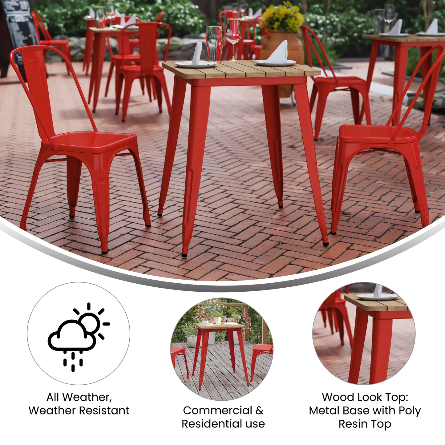 Declan Commercial Grade Indoor/Outdoor Dining Table, 23.75" Square All Weather Brown Poly Resin Top with Red Steel Base Brown Top/Red Frame