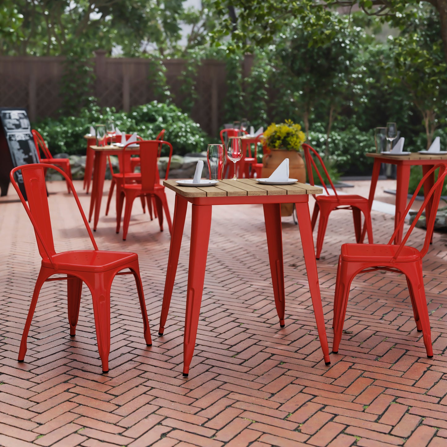 Declan Commercial Grade Indoor/Outdoor Dining Table, 23.75" Square All Weather Brown Poly Resin Top with Red Steel Base Brown Top/Red Frame