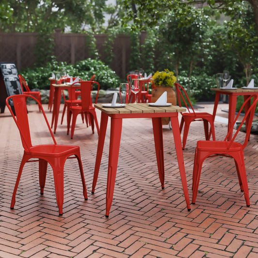 Declan Commercial Grade Indoor/Outdoor Dining Table, 23.75" Square All Weather Brown Poly Resin Top with Red Steel Base Brown Top/Red Frame JJ-T14619-60-BRRD-GG
