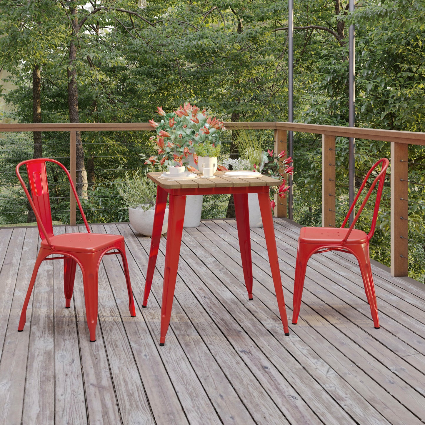 Declan Commercial Grade Indoor/Outdoor Dining Table, 23.75" Square All Weather Brown Poly Resin Top with Red Steel Base Brown Top/Red Frame
