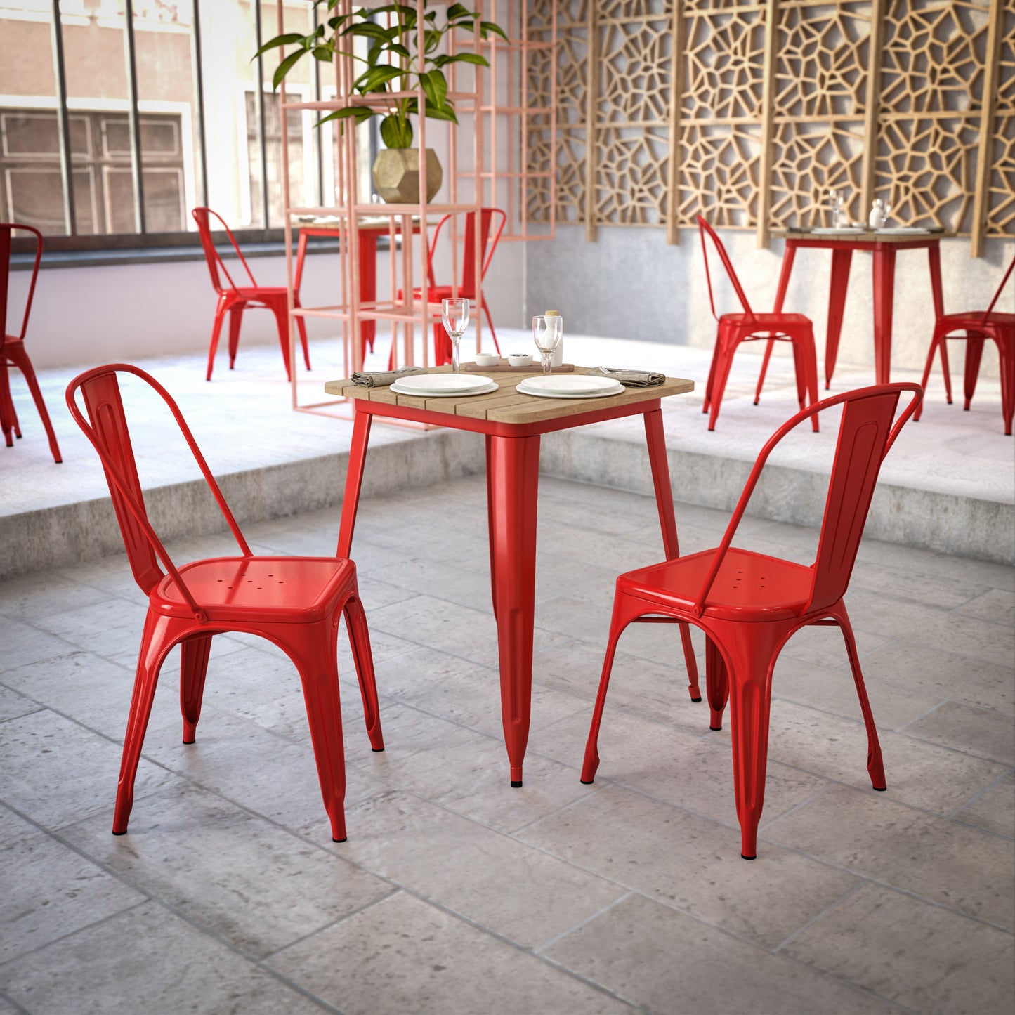 Declan Commercial Grade Indoor/Outdoor Dining Table, 23.75" Square All Weather Brown Poly Resin Top with Red Steel Base Brown Top/Red Frame