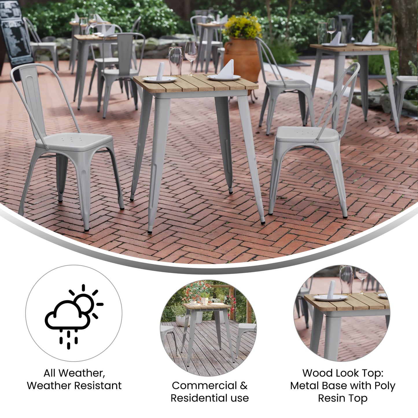 Declan Commercial Grade Indoor/Outdoor Dining Table, 23.75" Square All Weather Brown Poly Resin Top with Silver Steel Base Brown Top/Silver Frame