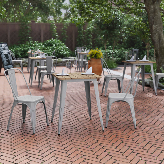 Declan Commercial Grade Indoor/Outdoor Dining Table, 23.75" Square All Weather Brown Poly Resin Top with Silver Steel Base Brown Top/Silver Frame JJ-T14619-60-BRSL-GG